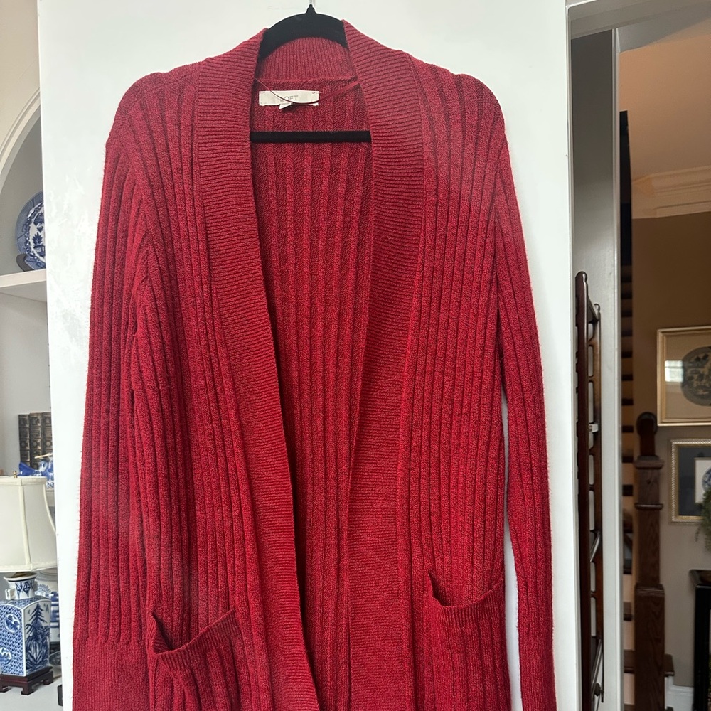 LOFT Red Ribbed Cardigan open front with pockets